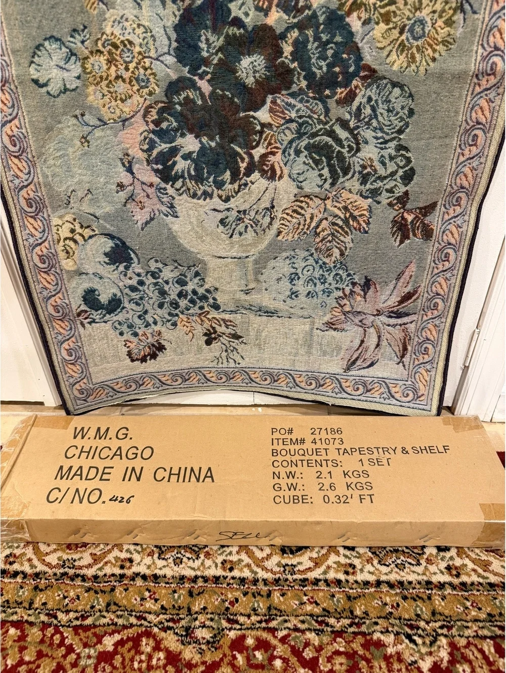 Vintage Floral Tapestry Wall Hanging with Shelf